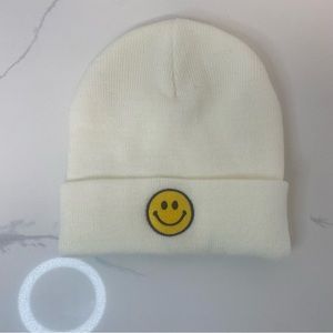 Smiley Face Embroidery Knit Beanie Cuff Winter Warm Cozy Beige OSFM Happy Face